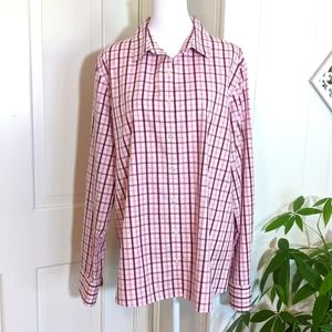 Land's End, No Iron Supima, long sleeve pink & burgundy plaid button up. EUC